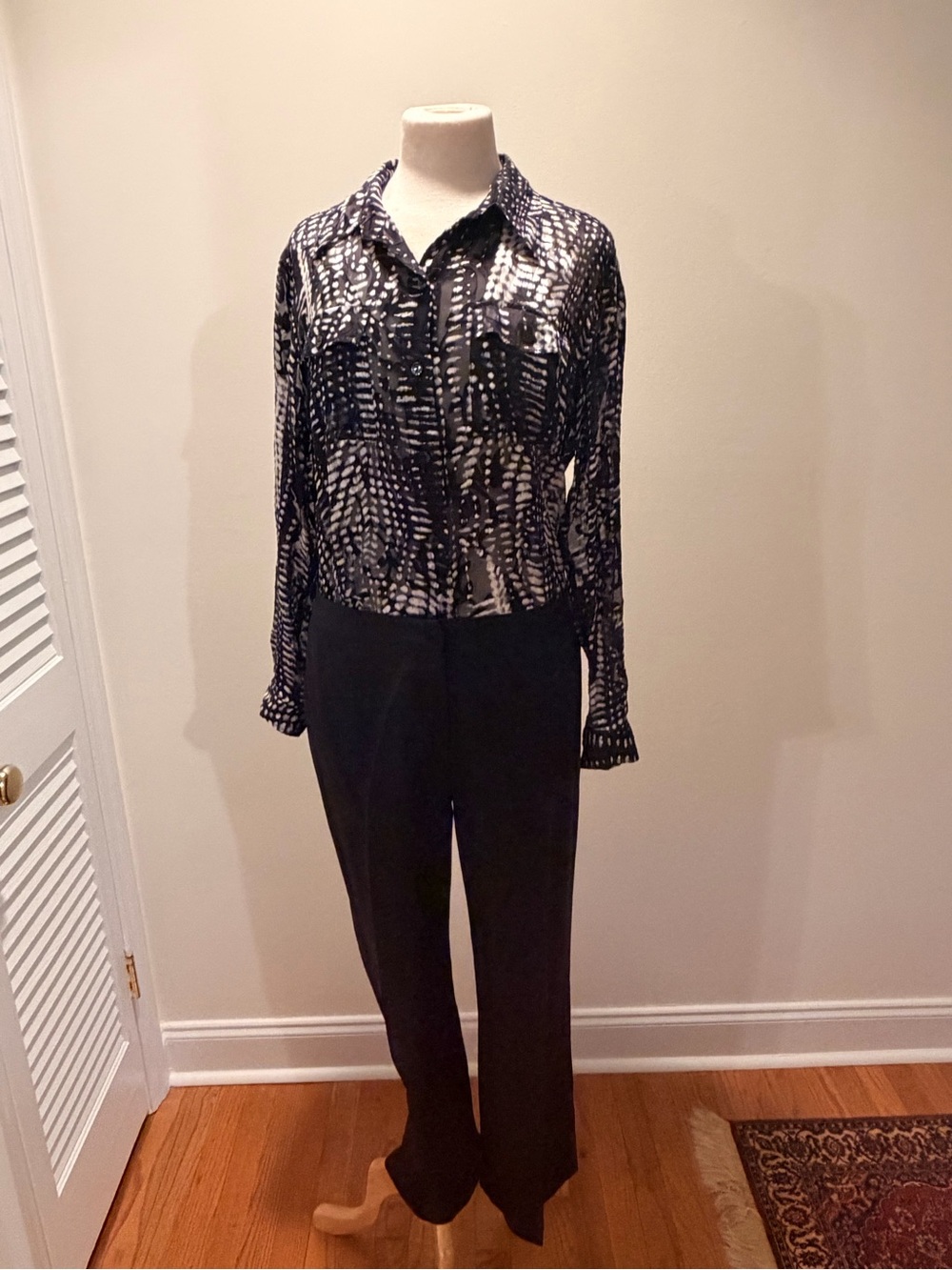 Chico's Black & White Printed Blouse with Black Trousers